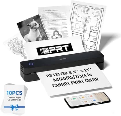 iDPRT MT610 Portable Printer Wireless for Travel, 203DPI, Bluetooth Thermal Printer Support for 8.5"x11" US Letter, Inkless Compatible with iOS, Android, Laptop, Black | MT610
