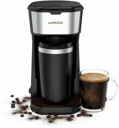 LePresso Coffee Maker With Travelling Mug, 450W Drip Brewer, 400ml Insulated Mug, Reusable Nylon Filter, Overheat Protection, One Touch Operation, Black | LPCMTMBK