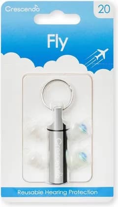 Dynamic Ear Company Crescendo Fly 20 Earplug, Advanced Membrane Technology, Hygienic, Aluminium Key-Ring Carrying Case, Medium And Large, Clear | Fly 20