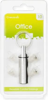Dynamic Ear Company Crescendo Office 10 Earplug, Two Acoustic Filters, 10 dB Average Damping, Aluminium Key-Ring Carrying Case, Medium And Large, Clear | Office 10