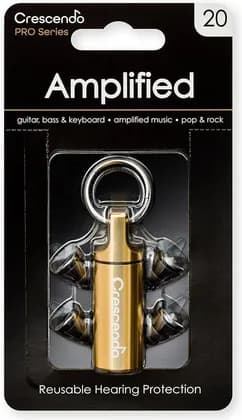 Dynamic Ear Company Crescendo PRO Amplified 20 Earplug, Two Flat Attenuating Acoustic Filters, 20dB Average Damping, Aluminium Key-Ring Carrying Case, Medium And Large, Black | Amplified 20