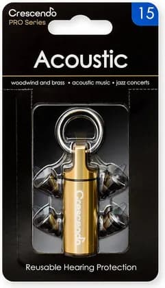 Dynamic Ear Company Crescendo PRO Acoustic 15 Earplug, Two Flat Attenuating Acoustic Filters, 15dB Average Damping, Aluminium Key-Ring Carrying Case, Medium And Large, Black | Acoustic 15