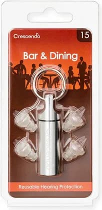 Dynamic Ear Company Crescendo Bar & Dining 15 Earplug, Acoustic Filters, Medical Grade TPE, Aluminium Key-Ring Carrying Case, Medium And Large, Clear | Bar & Dining 15