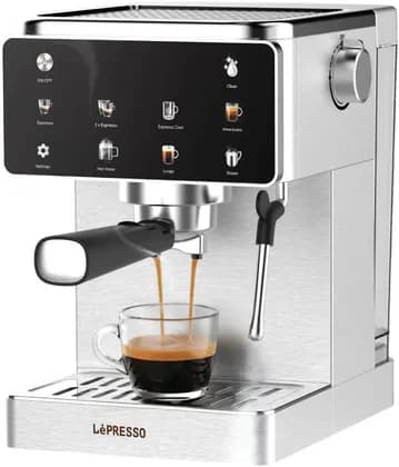 LePresso Macchina di Lusso Espresso Machine, 1350W Professional Coffee Maker, 20 Bar Pump Pressure, 1500ml Water Tank, 51mm Portafilter, Stainless Steel Body, Silver | LPCFFMDL0011SL