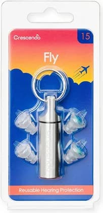 Dynamic Ear Company Crescendo Fly 15, 15dB with Air Pressure Membrane Filter, Two Average Damping Filters, Aluminum Key-Ring Carrying Case, Medium And Large, Clear | Fly 15