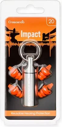 Dynamic Ear Company Crescendo Impact 20 Earplug, 2 Acoustic Impulse Filters With Average Attenuation Of 20dB, Aluminum Carrying Case With Key Ring, Medium And Large, Orange | Impact 20