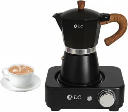 DLC Electric Moka Coffee Maker, 300ml Capacity, 500W Fast Heating Hot Plate, Premium Finish With Wood Effect Handle, Stovetop Espresso Machine Style, Black | DLC-7336B