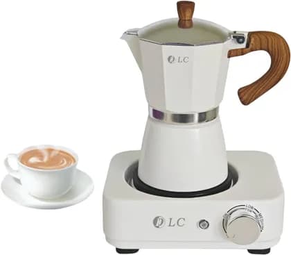 DLC Electric Moka Coffee Maker, 300ml Capacity, 500W Fast Heating Hot Plate, Premium Finish With Wood Effect Handle, Stovetop Espresso Machine Style, White | DLC-7336W