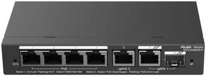 Ruijie RG-ES206GS-P Gigabit Smart Cloud Managed PoE Switch, 6-Port Layer 2 Switch, 4x PoE+ Ports, 54W Power Budget, CCTV Surveillance Switch, VLAN, Black | RG-ES206GS-P