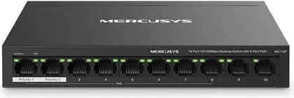 Mercusys MS110P 10-Port Desktop Switch, 8-Port PoE+, 10x 100Mbps, 65W Poe Budget, 802.3af/at, Extend Mode, Isolation Mode, PoE Auto Recovery, Up to 250m Range , Metal Case | MS110P