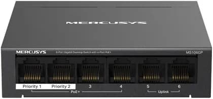 Mercusys MS106GP 6-Port Gigabit Desktop Switch, 4-Port PoE+, 65W Power Budget, 250M Extend Mode, PoE Auto Recovery, 802.3af/at, Plug & Play, Metal Casing | MS106GP