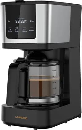LePresso Rich Brew Coffee Machine, Interactive Touch Display, 900W Quick Brew, 1.25L Glass Carafe (10 Cups), 1.38L Water Tank, 400ml Travel Mug, Keep Warm, Washable Filter, Black | LPCFFM0006BK