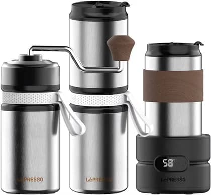 LePresso Grindo Quattro 4-in-1 Outdoor Coffee Set Silver Hand Grinder, Drip Brewer, Coffee Maker, Water Boiler, 13W, 1200mAh Battery, 20g Beans, 150mL Cup, USB-C | LP4IN1OCFFSSL