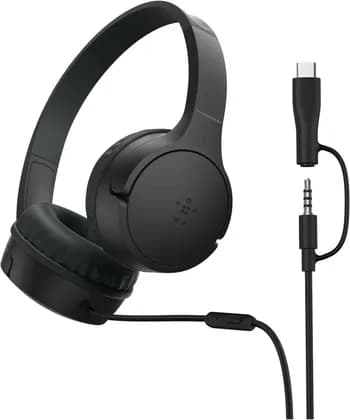 Belkin SoundForm Mini Kids Wired Headphones with USB-C to 3.5mm Dongle, Built-in Mic & Fun Stickers, 85dB Max Volume for Online Learning, Travel, Compatible with iPhone, iPad, Galaxy & More, Black