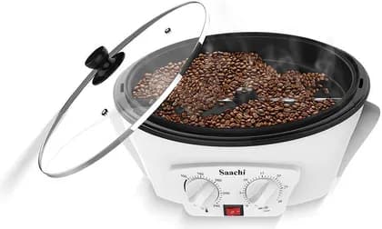 Saachi 400G Coffee Roaster, Ceramic Coated Inner Pan, 283Mm Diameter Roasting Pan, Adjustable Temperature & Timer, Stainless Steel Blade, Toughened Glass Lid, White | NL-CR-4974