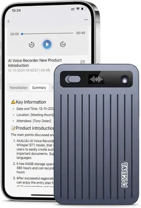 EpicArma AI Voice Recorder 64GB, Transcription & Translation Device, Gray | EA-LA518-GY