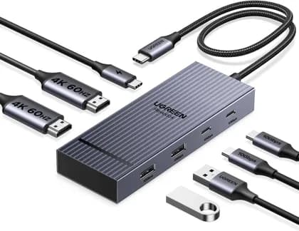 UGREEN Revodok Pro 207 7-in-1 USB-C Docking Station, Dual 4K@60Hz HDMI, 10Gbps USB-C & USB-A, 100W PD Charging, Dual Monitor Dock, Aluminum USB-C Hub, Gray | 45365
