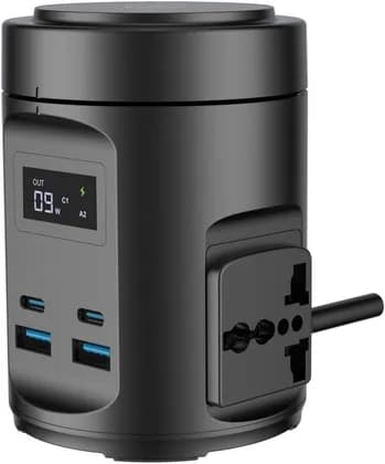 Powerology Magfit Power Hub USB-C PD65W, USB-A QC 3.0, 15W Wireless Charging, 2200W AC Outlets, 2 Universal Sockets, Black | PWCUQC014