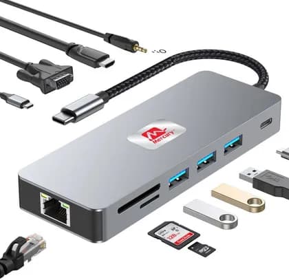 Mercury 11 in 1 USB-C Docking Station with Dual Monitor, HDMI 4K@60Hz, VGA, 3 USB A Ports, Type C Data, 100W PD, RJ45 Ethernet, Audio Port, SD/TF Card Reader, Silver | MER DS B 11-1
