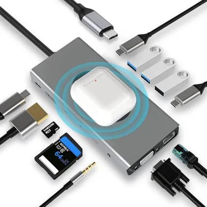 13 In 1 Wireless Hub Dongle with Wireless Charging, Docking Station Adapter with 4K HDMI, VGA, 2 x USB 3.0, USB C 3.0 & 2.0, RJ45 Ethernet, PD 100W, SD/TF & 3.5 mm AUX