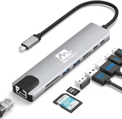 MERCURY 8 IN 1 DOCKING STATION USB C Hub with 100W PD Charging, Type C to HDMI 4K60Hz Adapter, 2 USB A Data Ports, 1 USB C Data Ports, RJ45 Ethernet 10/100/1000 Mbps, Silver | MER DS B 8-1