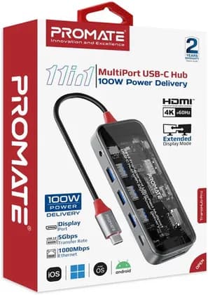 Promate TransHub-Pro 11-in-1 Transparent Multiport USB-C Hub with 100W PD, 1x USB 3.0 With 5Gbps Transfer Speed, 2 x USB 2.0, 1000Mbps LAN, USB-C, DP, HDMI, AUX, SD/TF Ports, Clear | TransHub-Pro