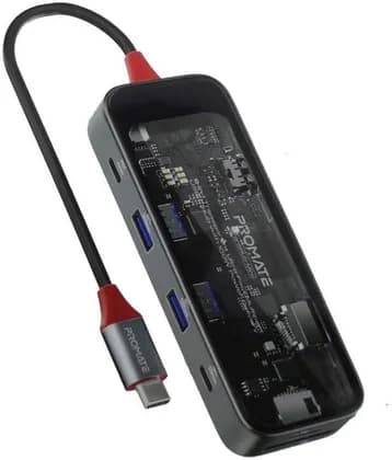 Promate 8 In 1 MultiPort USB-C Hub With 100W PD, 5Gbps Transfer Speed, 1000Mbps LAN Port, HDMI 4K@60HZ, 2 x USB-A 3.0, USB-C, SD/TF Ports, Transparent | Transhub-Mini