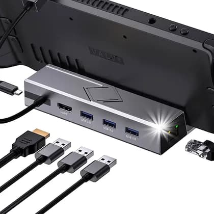 UPTOHIGH Steam Deck Dock, 6 in 1 Docking Station for Steam Deck with HDMI 2.0 4K@60Hz, Gigabit Ethernet, 3 USB 3.0 & Full Speed USB-C Charge Port Compatible with Valve Steam Deck, Gray | STD001
