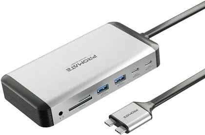 Promate 13-in-1 MacBook Docking Station, 150W AC Power Adapter & 4K@60Hz MST Dual Display, 1000Mbps Ethernet, 5Gbps Transfer Speed, Dual USB-C Connector for Macbook, Silver | VersaHub-MST