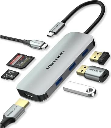 Vention 7-in-1 USB-C Docking Station, USB-C PD 100W Fast Charging, TF/SD Up to 256GB Capacity, HDMI 4K @ 30Hz, USB 3.0*3 5Gbps Transfer Speed, Wide Compatibility, Gray | TOJHB