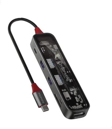 Promate 7 In 1 Slim USB-C Hub 100W Power Delivery, HDMI 4K@60HZ, 1 X USB-A 2.0 / USB 3.0, USB-C, SD/TF Card Ports, Transparent | TransHub-Lite