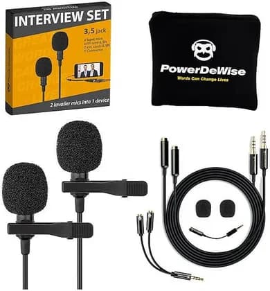 PowerDeWise Dual Lavalier Microphone Set, 2-Person Clip-On Lapel Mic with Omnidirectional Audio, Noise Reduction, and 3.5mm TRRS & TRS Compatibility, Black | 1B