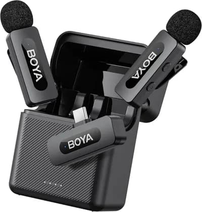 BOYA BY V30 Wireless Microphone, Dual Channel 2.4 GHz Wireless Lavalier System with USB C Receiver, 2 Clip On Transmitters with Built In Mics, Up to 100 m Range, Foam Windscreens, Black | BY V30