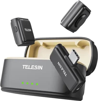 TELESIN Wireless Lavalier Microphone with Charging Case, One-Click Noise Reduction, 200m Audio Range, 20H Battery for Video Recording, USB Type-C Comaptible, Black | Lavalier