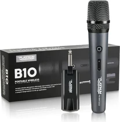 Platinum Karaoke B10 Single Portable Rechargeable Wireless Microphone, 600MHz Frequency, 5-8 Meters Range, Increase/Decrease Volume, Channel Select, Transmitter Power On/Off, Black | B10