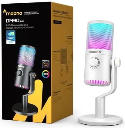 Maono DM30 Programmable USB Condenser Microphone, Cardioid Polar Pattern, 20Hz-20kHz Frequency Response, -4dBFS Sensitivity, 9 Controllable RGB Light, Real Time Monitoring, White | DM30-RGB-White