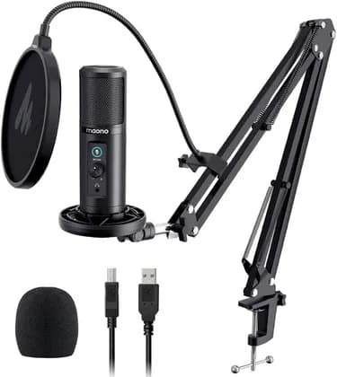 Maono PM422 Podcast USB Microphone, Plug & Play, Zero Latency Monitoring, Quickly One Touch Mute, Cardioid Pattern, 20Hz – 20kHz Frequency Response, Knob Gain, USB A to B Cable, Black | PM422