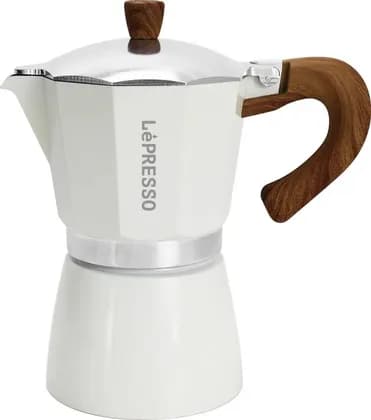 Lepresso Italian 300ml Moka Pot, Aluminum Stovetop Espresso Maker, Compact Italian-Style Design, Even Extraction, Aluminum, Plastic Material, White | LPCFFMP0085WH