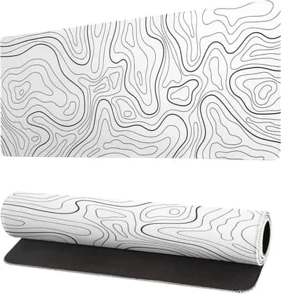 Siski Topographic Contour White Gaming Mouse Pad XL Geographic Map Lines Extended Big Large Desk Mat Non-Slip Rubber Base Stitched Edge Long Keyboard Mousepad, 31.5x11.8 Inch, Black/White