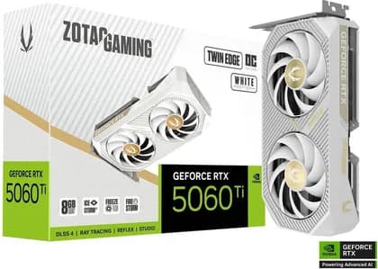 ZOTAC GAMING GeForce RTX 5060 Ti Twin Edge OC Graphics Card, 8GB GDDR7 128-Bit Memory, 2602 MHz Engine Clock, 28 Gbps Memory Clock, 4608 CUDA Cores, PCI Express 5.0 x8, White | ZT-B50610Q-10M