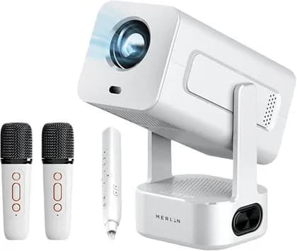 Merlin Ultra Mini Projector with WiFi & Built-in Apps, 600 ANSI Lumens Portable Projector, 200" Display, Auto Keystone, 8W Speaker, 2 Wireless Mics for Karaoke, White | Mini Projector