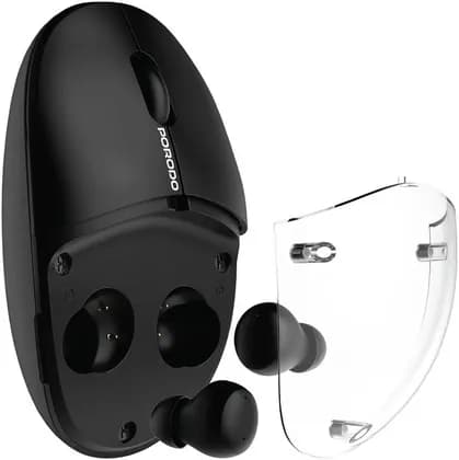 Porodo Wireless TWS Earbud Mouse with Transparent Magnetic Cover, Dual Mode Connectivity, Adjustable DPI 800,1200,1600, 30H Mouse 4H Earbuds Battery Life, Type C Charging, Black | PDSTS650BK