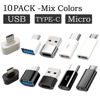 10-Piece USB to Type-C OTG Adapter Converter Set Multi-Connector Charging & Data Transfer Kit, Mixed Color