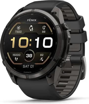 Garmin Fenix 9 Pro Multisport Smartwatch, 1.5" AMOLED Sapphire Crystal Display, LED Flashlight, 10 ATM Water Res, 51mm, Carbon Gray DLC Titanium with Black/Pebble Grey Silicone Band | 010-04337-16