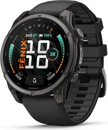 Garmin Fenix 9 Multisport Smartwatch, 1.4" AMOLED Sapphire Crystal Display, GPS, LED Flashlight, 10 ATM Water Res, 47mm, Carbon Gray DLC Titanium with Black/Pebble Grey Silicone Band | 010-04762-11