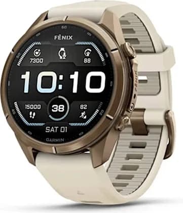 Garmin Fenix 9 Pro Multisport Smartwatch, 1.5" AMOLED Sapphire Crystal Display, GPS, LED Flashlight, 10 ATM Water Res, 43mm, Autumn Gold Titanium with Cream/French Grey Silicone Band | 010-04335-26