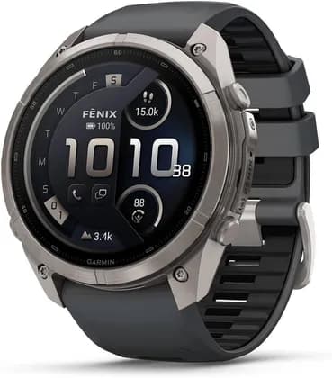 Garmin Fenix 9 Pro Multisport Smartwatch, 1.5" AMOLED Sapphire Crystal Display, GPS, LED Flashlight, 10 ATM Water Res, 51mm, Titanium with Pebble Grey Silicone Band | 010-04337-26