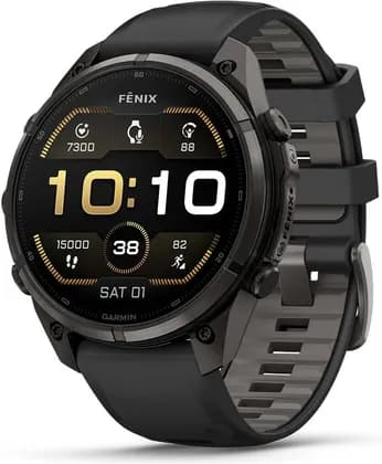 Garmin Fenix 9 Pro Multisport Smartwatch, 1.4" AMOLED Sapphire Crystal Display, GPS, LED Flashlight, 10 ATM Water Res, 47mm, Carbon Gray DLC Titanium w/ Black/Pebble Grey Silicone Band | 010-04336-16