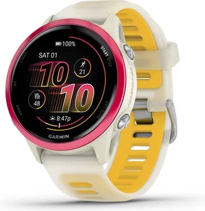 Garmin Forerunner 570 42mm GPS Running Smartwatch, 1.2" AMOLED Display, Multi Band GPS, Up To 10 Days Battery, Raspberry Aluminium with Translucent Bone/Mango Band | 010-02970-02