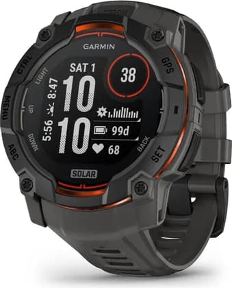 Garmin Instinct 3 Solar Rugged Outdoor GPS Smartwatch, 50mm, 1.3 Inch Solar Charged Display, Metal Reinforced Bezel, Built In Flashlight, 10 ATM, Charcoal Band | 010-02935-00